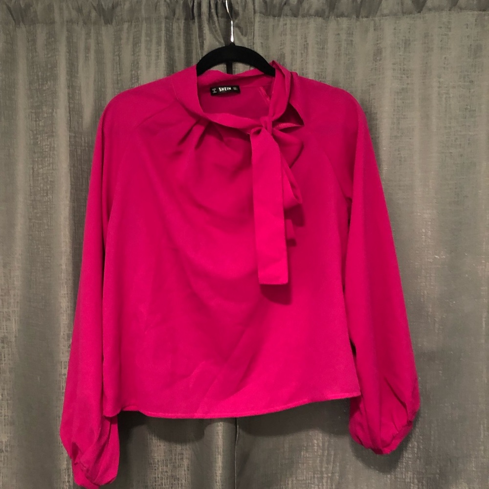 Shein pink long sleeve neck tie blouse in size L